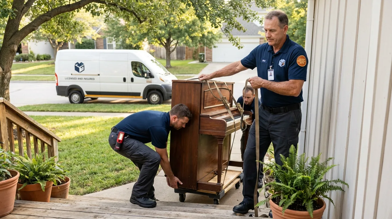 Licensed piano movers securing grand piano in Vandalia, IL
