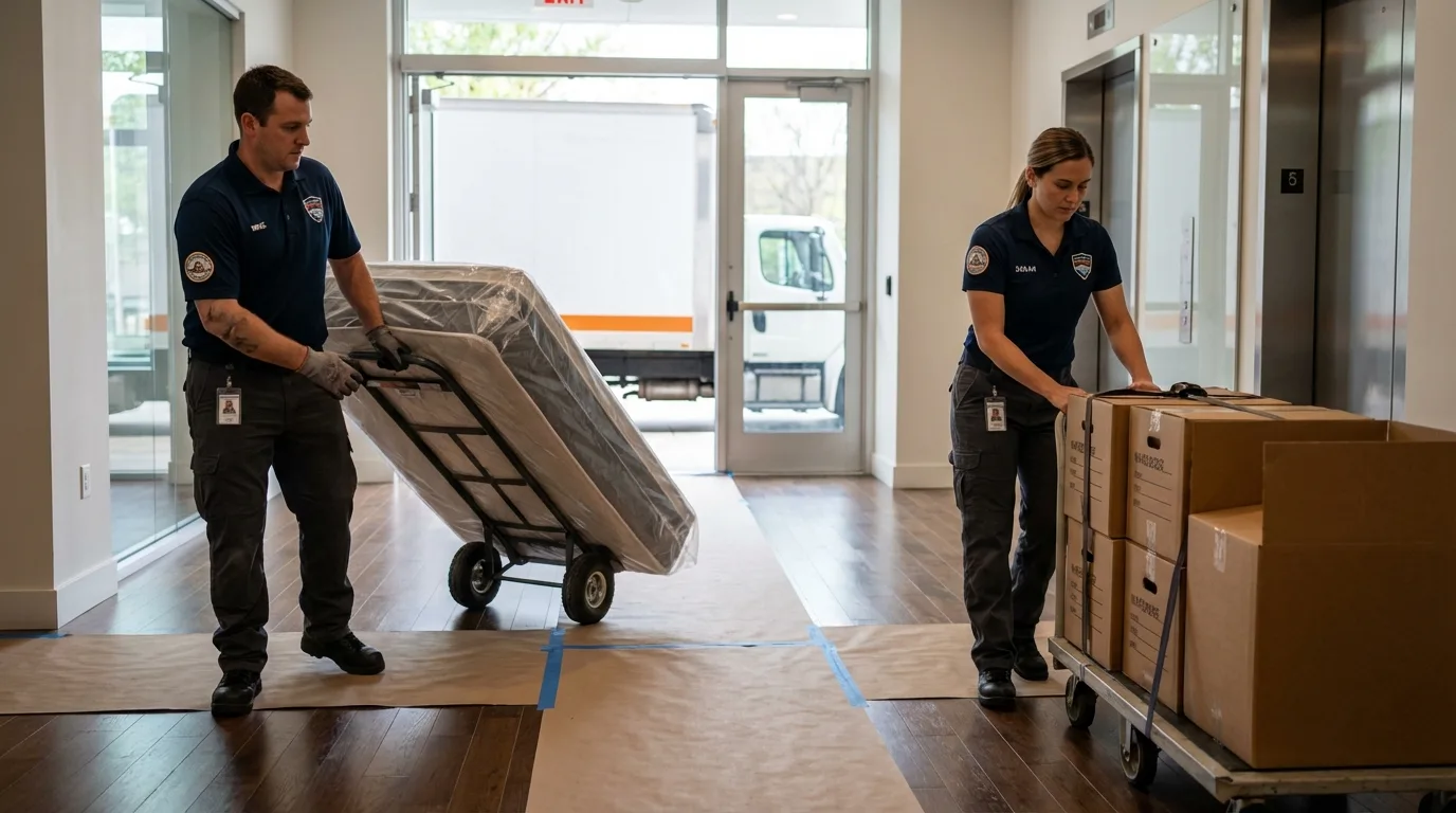 Professional apartment movers loading elevator in Vandalia, IL